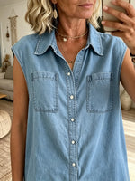 Women Solid Washed Denim Sleeveless Collared Shirt
