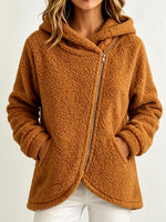 Women Teddy Fleece Hooded Jacket Diagonal Zip Warm Fuzzy Coat With Side Pockets
