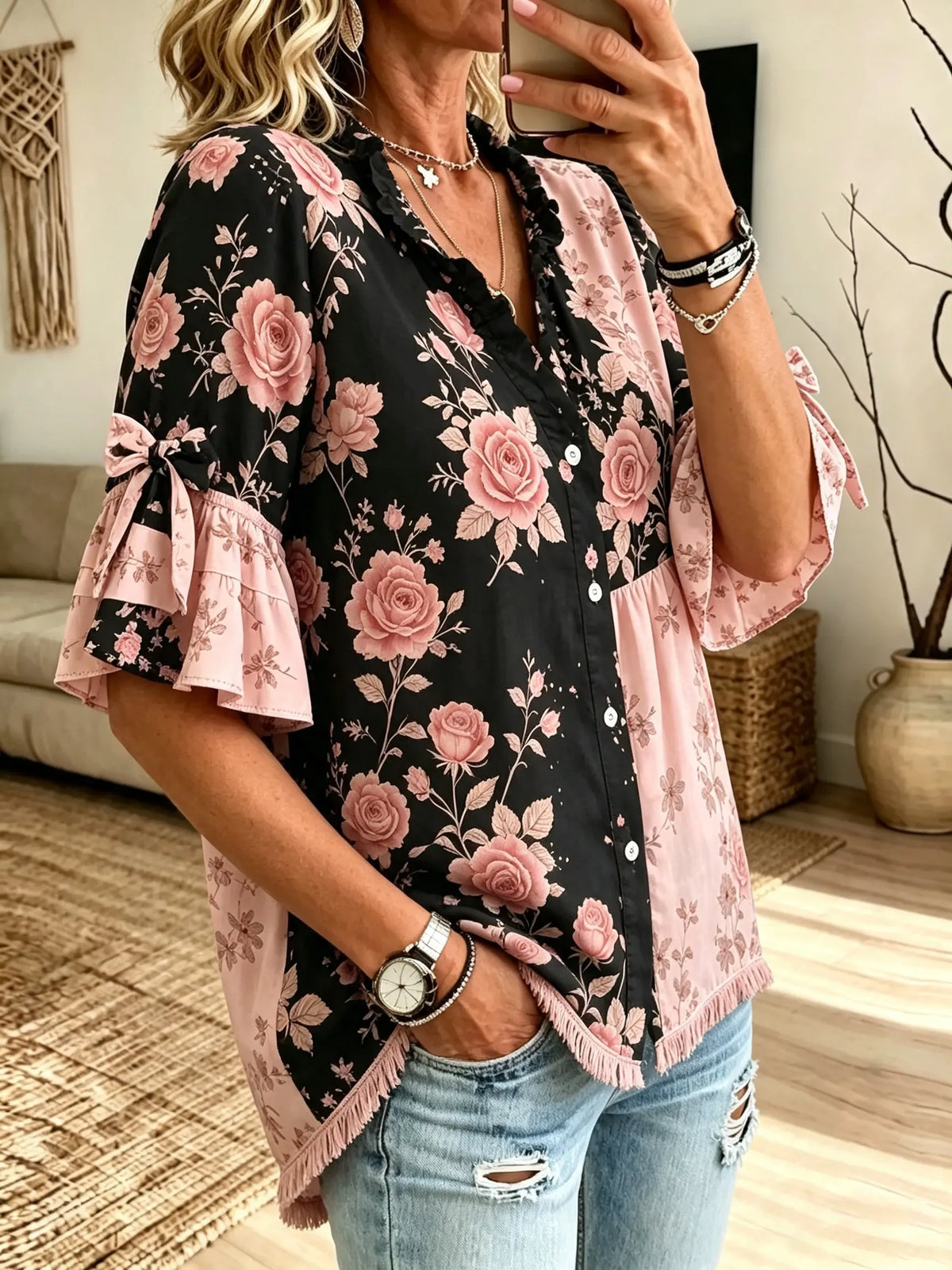 Women's Patchwork Floral Fringe Blouse