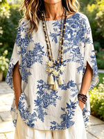 Retro Floral Pattern Art Print Casual Short Sleeve Cotton Linen Shirt