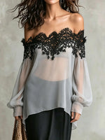 Women Solid Lace Panel Off Shoulder Chiffon Blouse