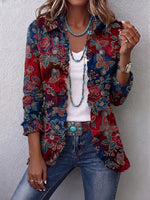 Retro Floral Butterfly Pattern Art Print Ruffle Casual Stylish Cotton Lapel Coat