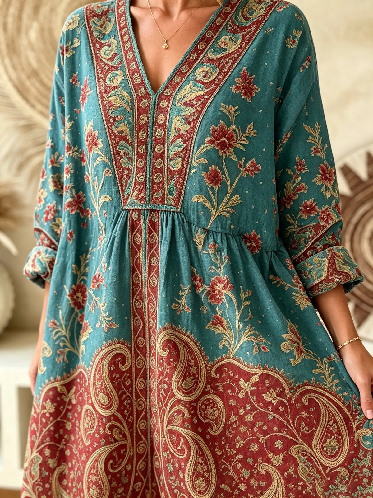 Women's Teal Paisley Floral Ethnic V-Neck Loose Three-Quarter Sleeve Maxi Dress