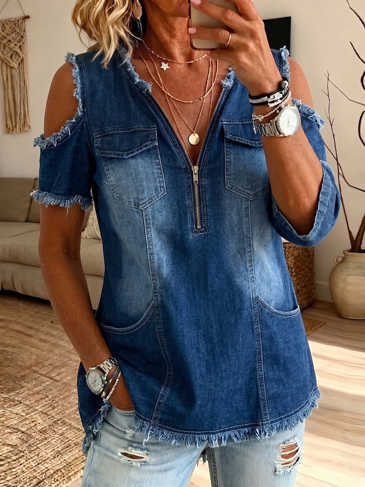 Womens Zip V Neck Cold Shoulder Fringe Washed Denim Blouse With Pockets
