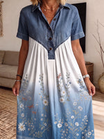 Women’s Denim Spliced Gradient Floral Dragonfly Print Loose Midi Dress With Pockets