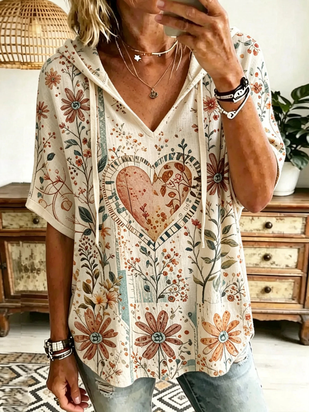 Women Washed Heart Floral Art Print Hooded Short Sleeve Top