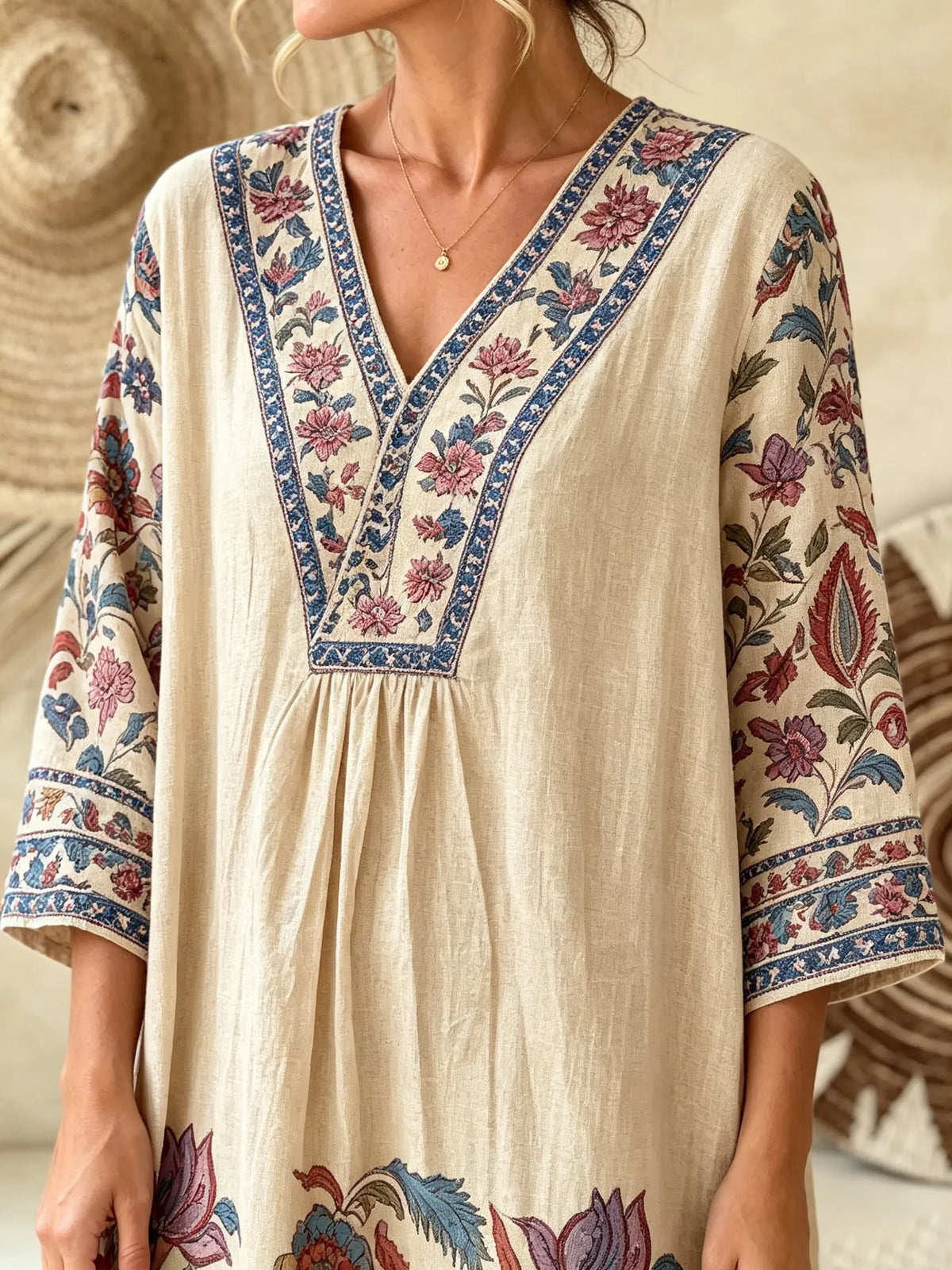 Women Vintage Floral Border Print V-Neck Loose Maxi Dress