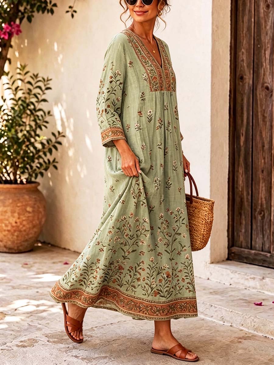 Retro Floral Pattern Art Print Casual V-neck Cotton Linen Maxi Dress
