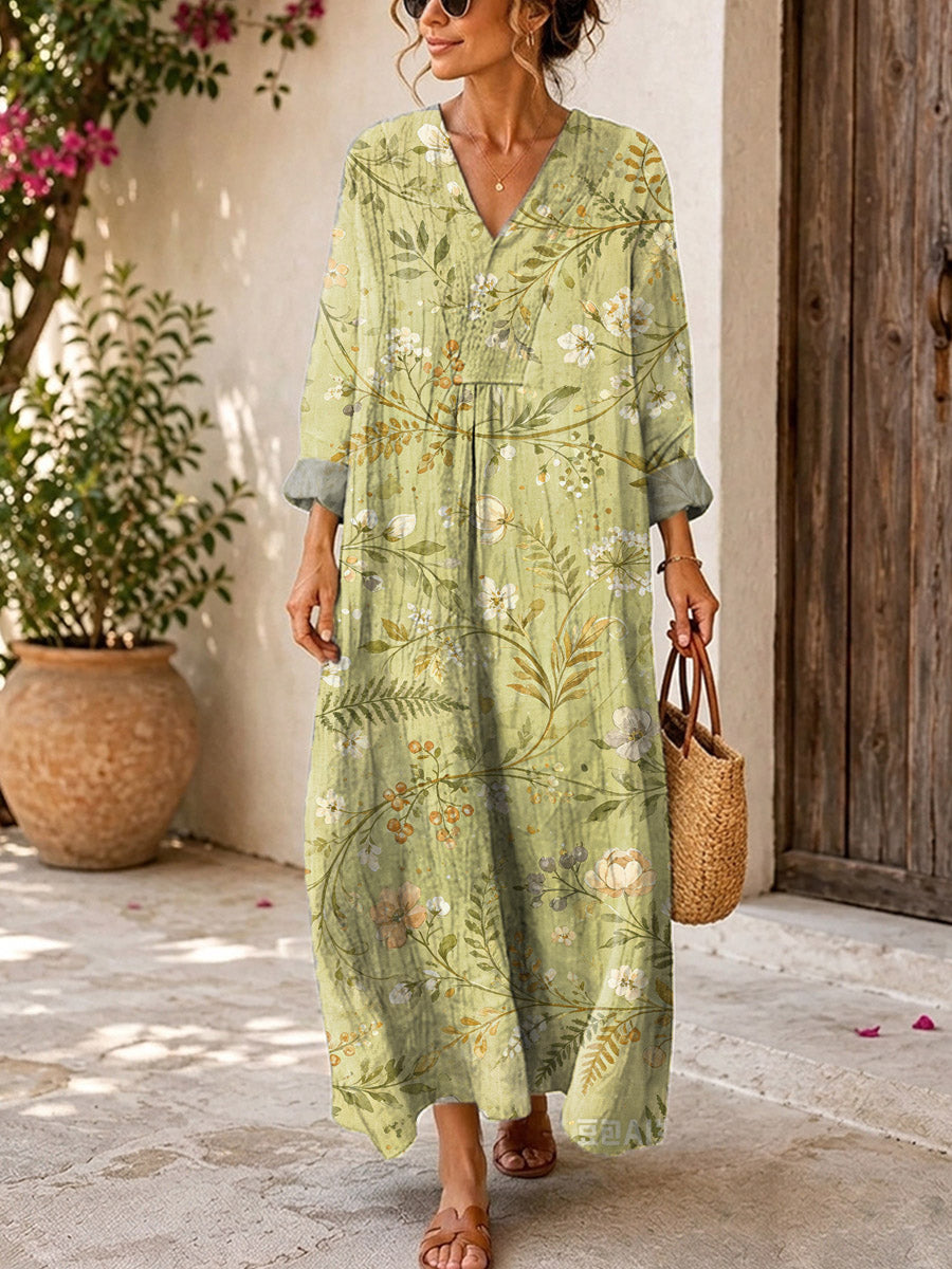 Retro Floral Pattern Art Print Casual V-neck Long Sleeve Cotton Linen Maxi Dress