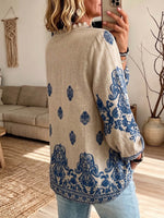 Vintage Elegant Button Long Sleeve Patterned Shirt