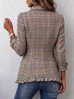 Retro Plaid Pattern Art Print Ruffle Casual Stylish Cotton Lapel Coat