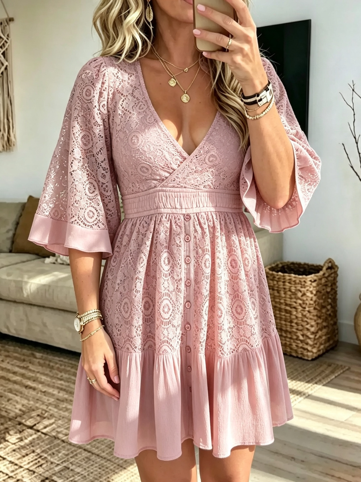 Women's Floral Lace V-Neck Mini Dress