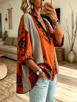 Women Vintage Floral Stripe Lapel Loose Blouse