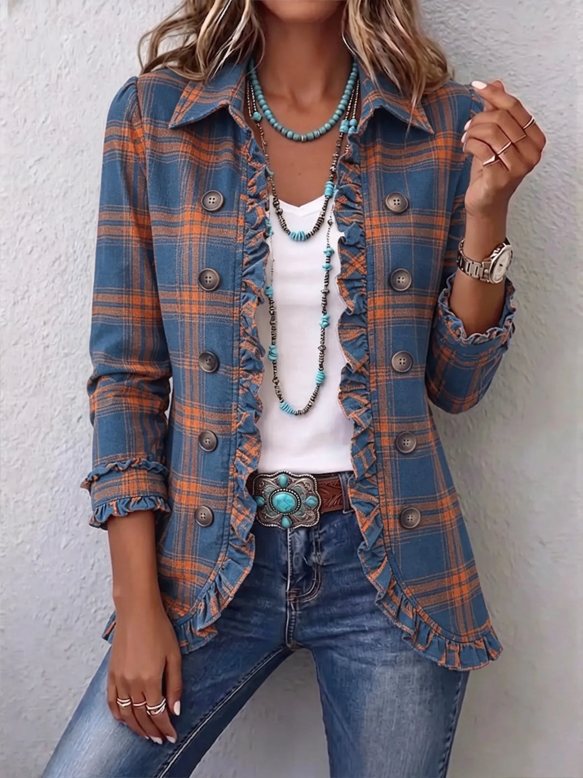 Women Color Block Plaid Texture Ruffled Collared Jacket