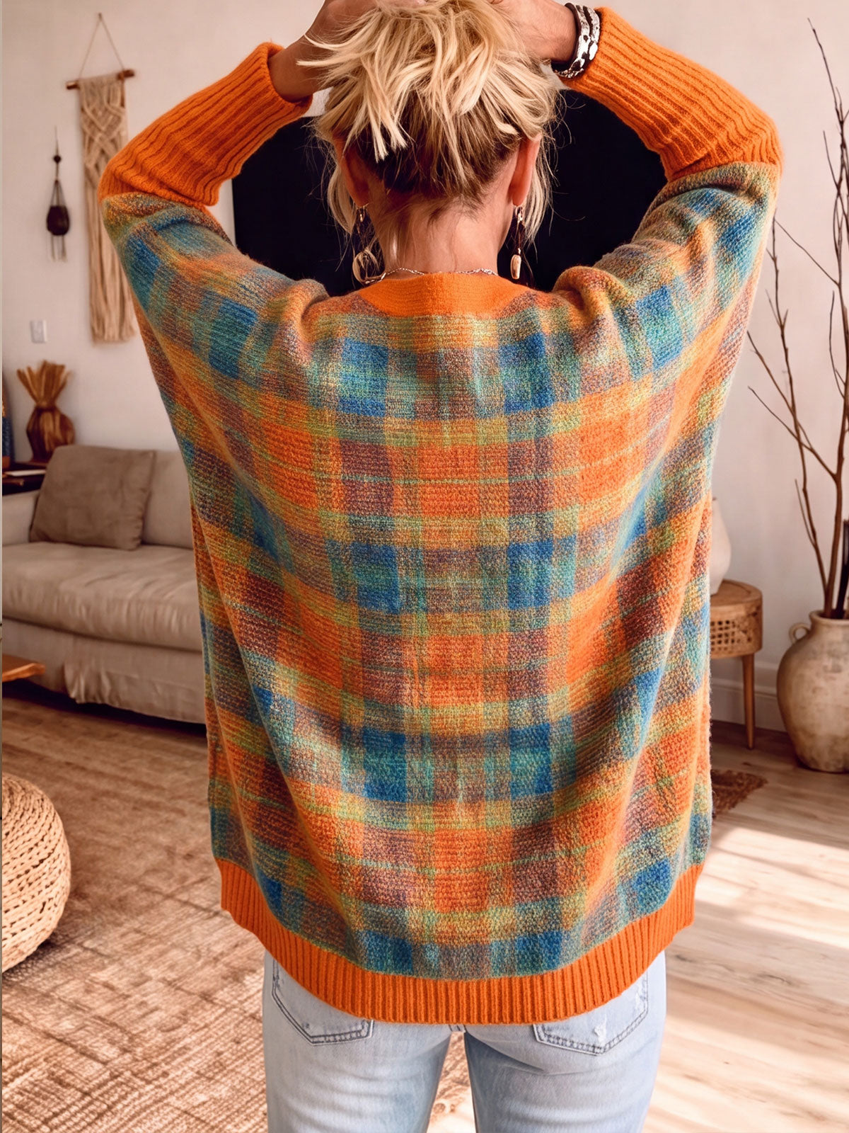 Colorful Plaid Open Front V Neck Knit Cardigan
