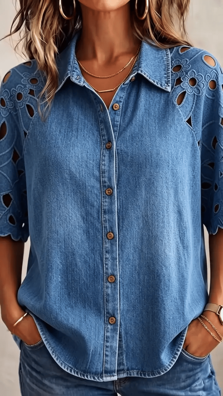 Vintage-style Denim Shirt With Cutout Floral Lace Paneling