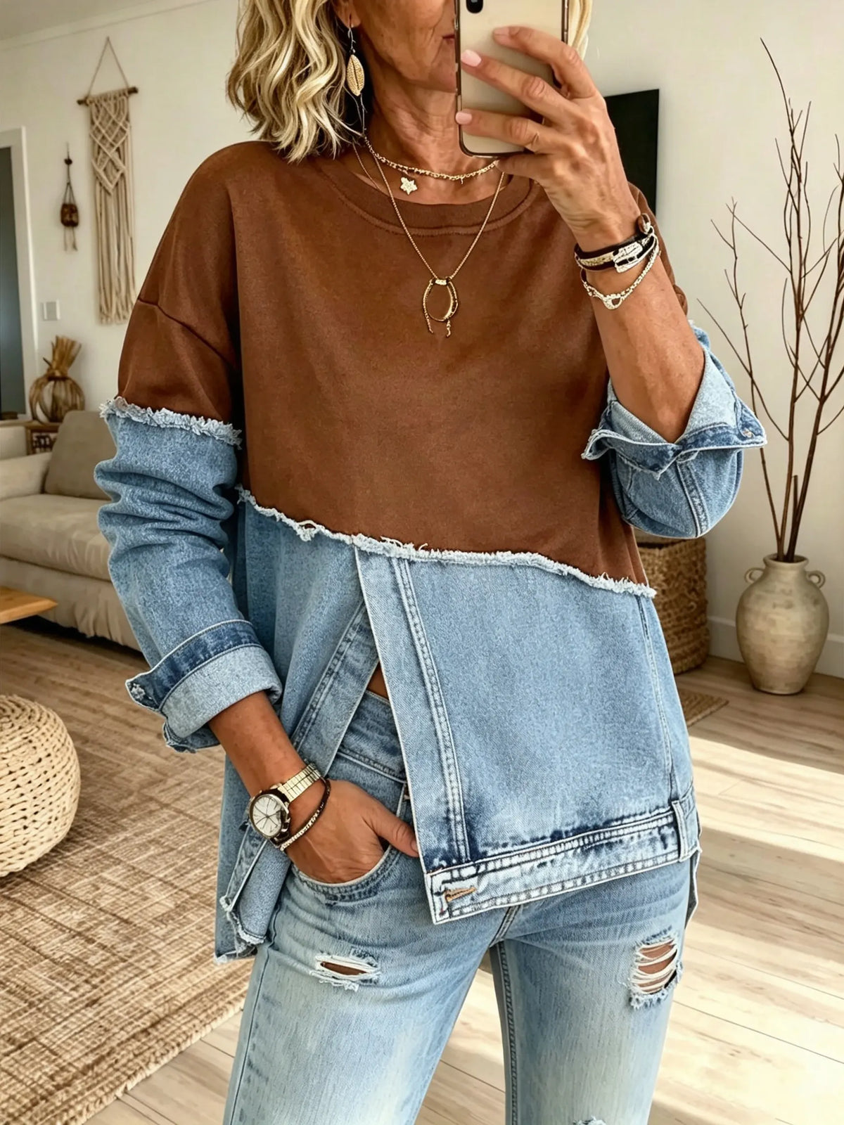 Women's Solid Denim Raw Edge Patchwork Long Sleeve Top