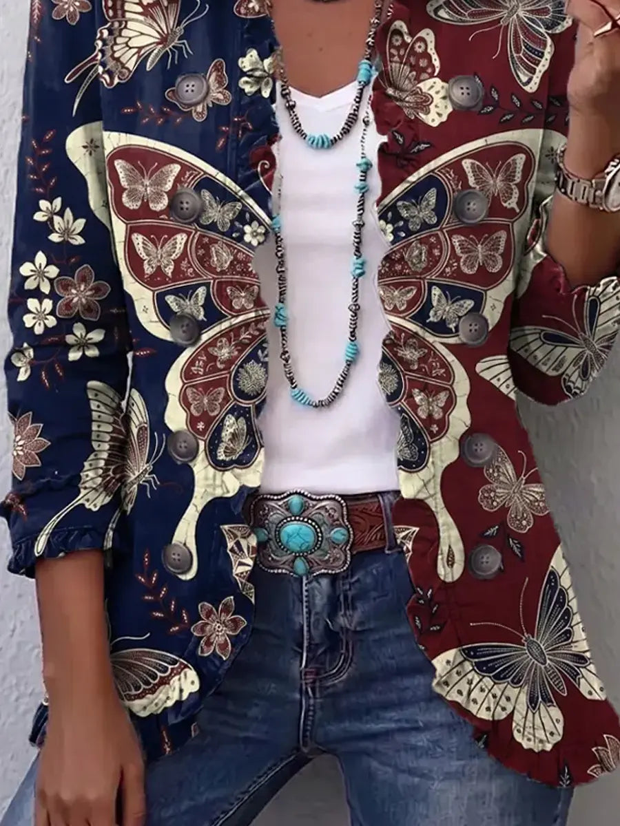 Retro Floral Butterfly Pattern Art Print Ruffle Casual Stylish Cotton Lapel Coat