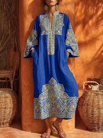 Retro Ethnic Pattern Art Print Casual Stand Collar Cotton Linen Maxi Dress