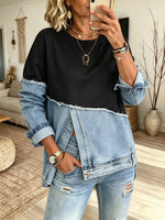 Women's Solid Denim Raw Edge Patchwork Long Sleeve Top