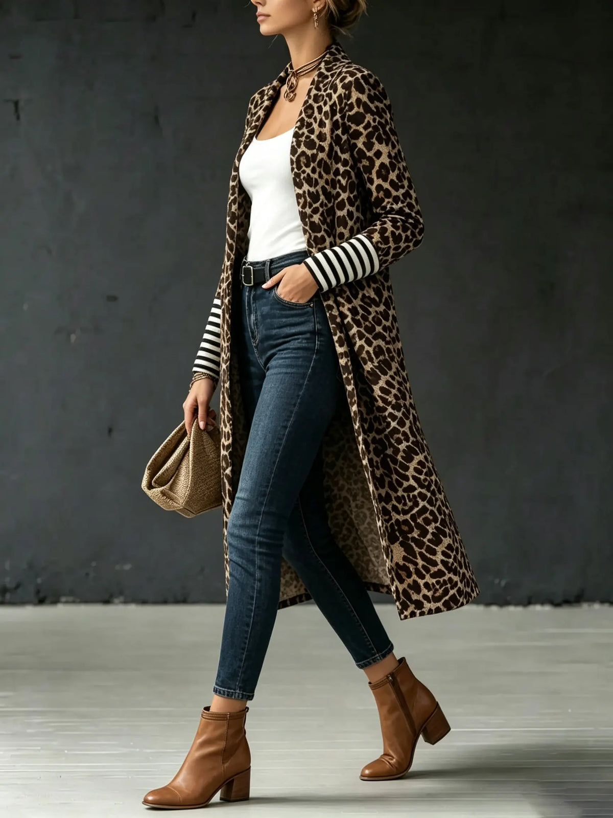 Women's Leopard Stripe Patchwork Long Cardigan