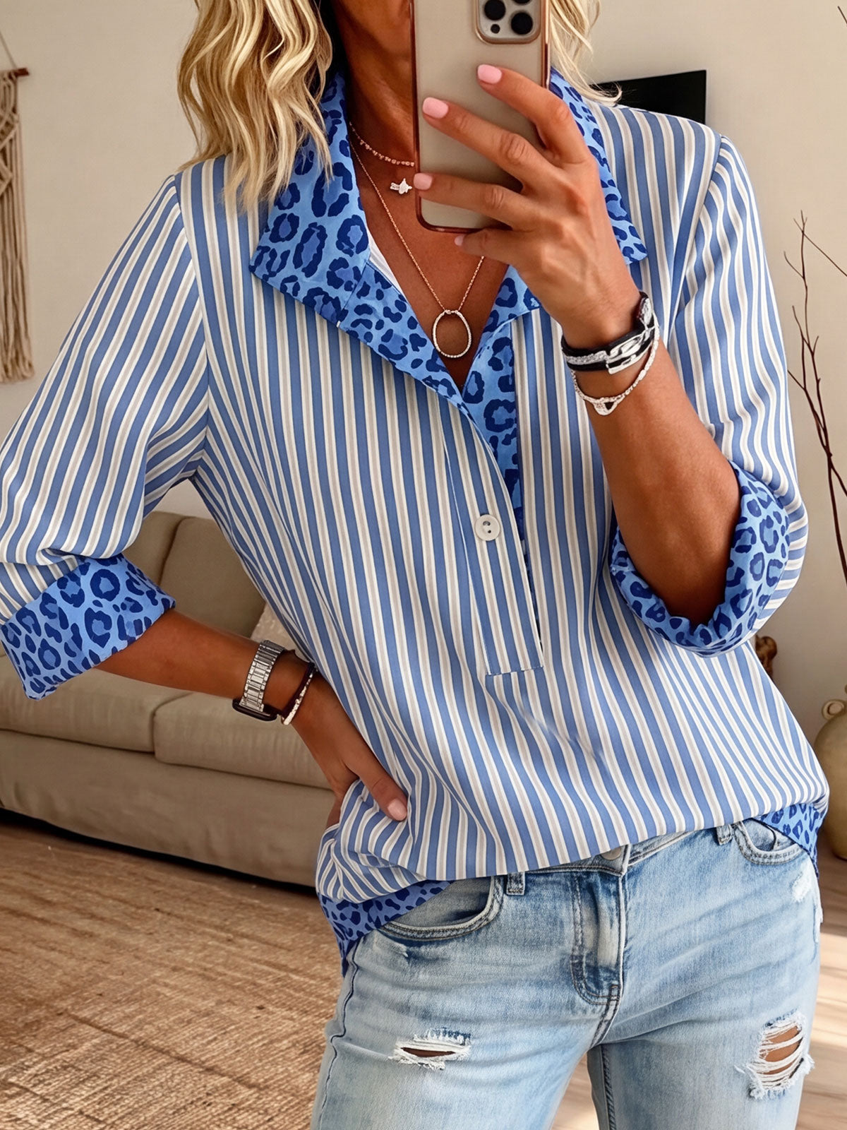 Women’s Stripe Leopard Contrast Collar Half Button 3/4 Sleeve Blouse