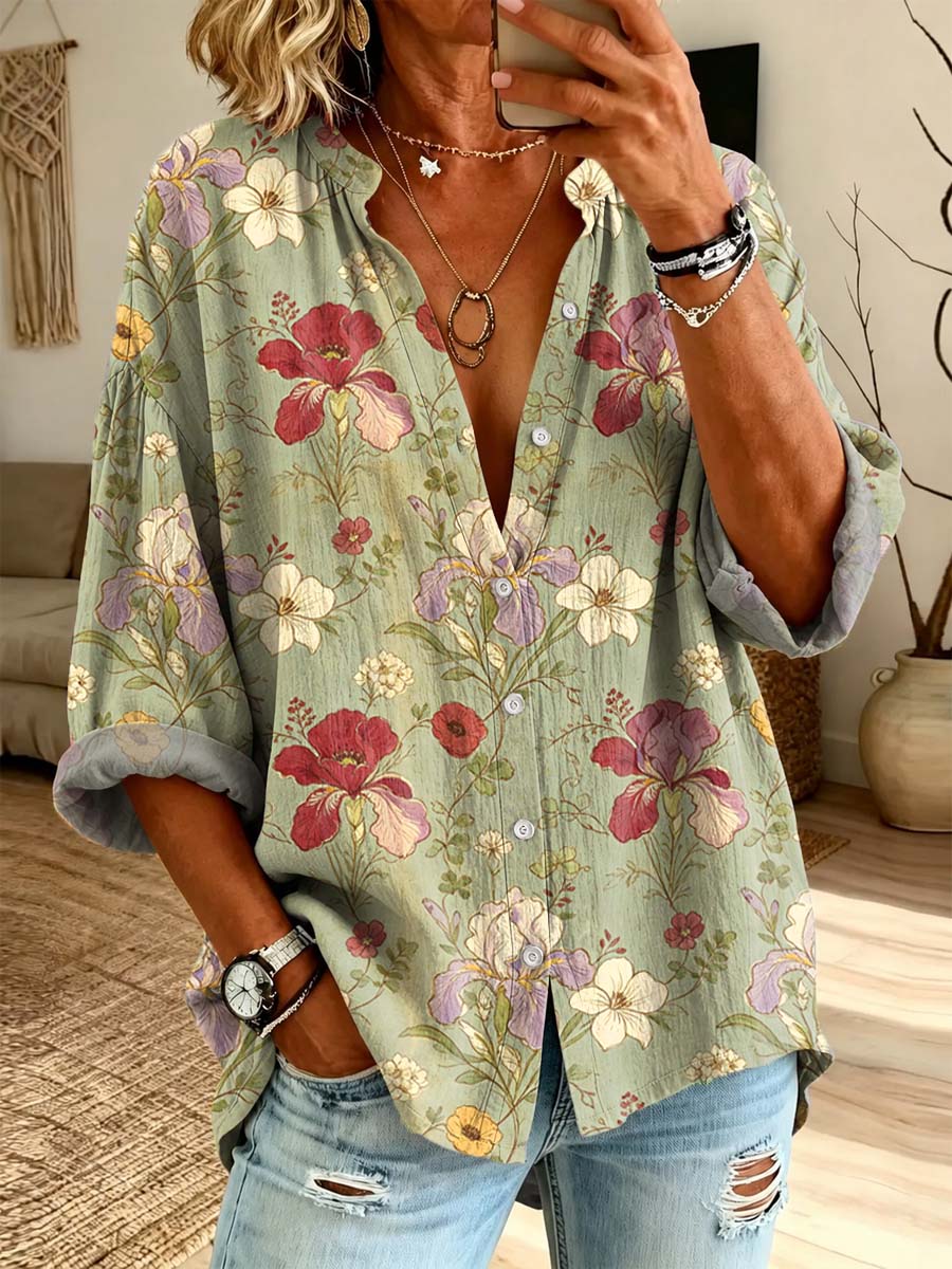 Women's Floral Pattern Art Print Casual Long Sleeve Cotton Linen Shirt