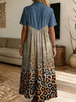 Women’s Denim Spliced Gradient Leopard Print Loose Midi Dress With Pockets