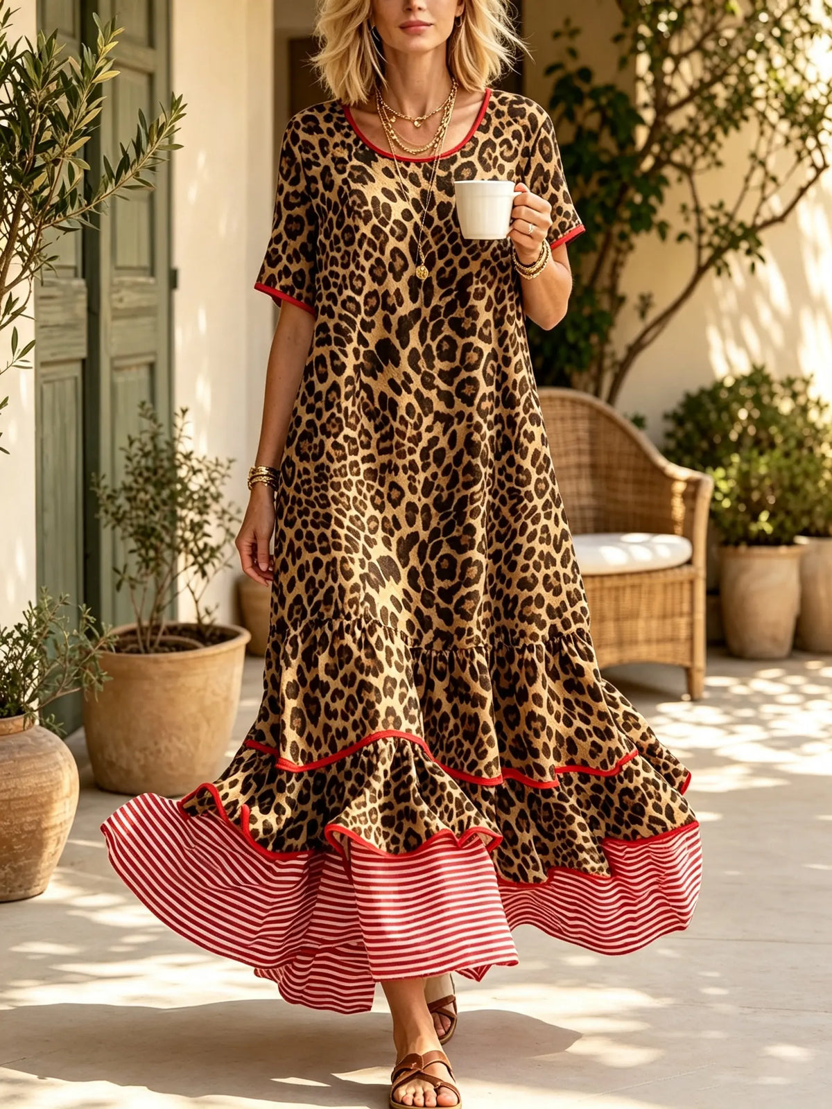 Women's Leopard Striped Tiered Maxi Dress