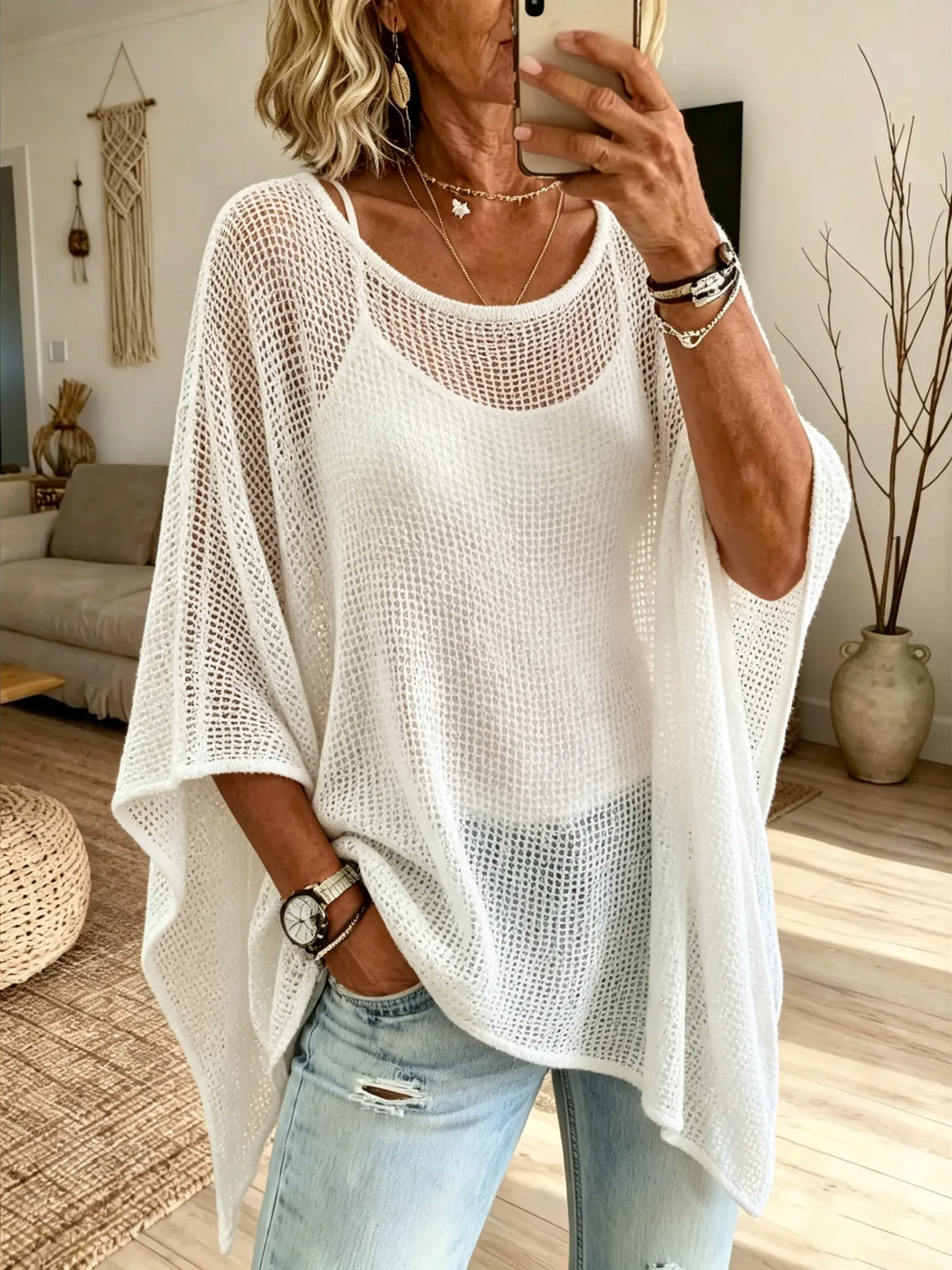 Women Solid Mesh Loose Batwing Sleeve Top