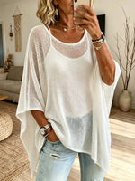 Women Solid Mesh Loose Batwing Sleeve Top