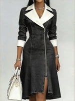 Women Contrast White Lapel Zipper Front Fit & Flare Denim Midi Dress