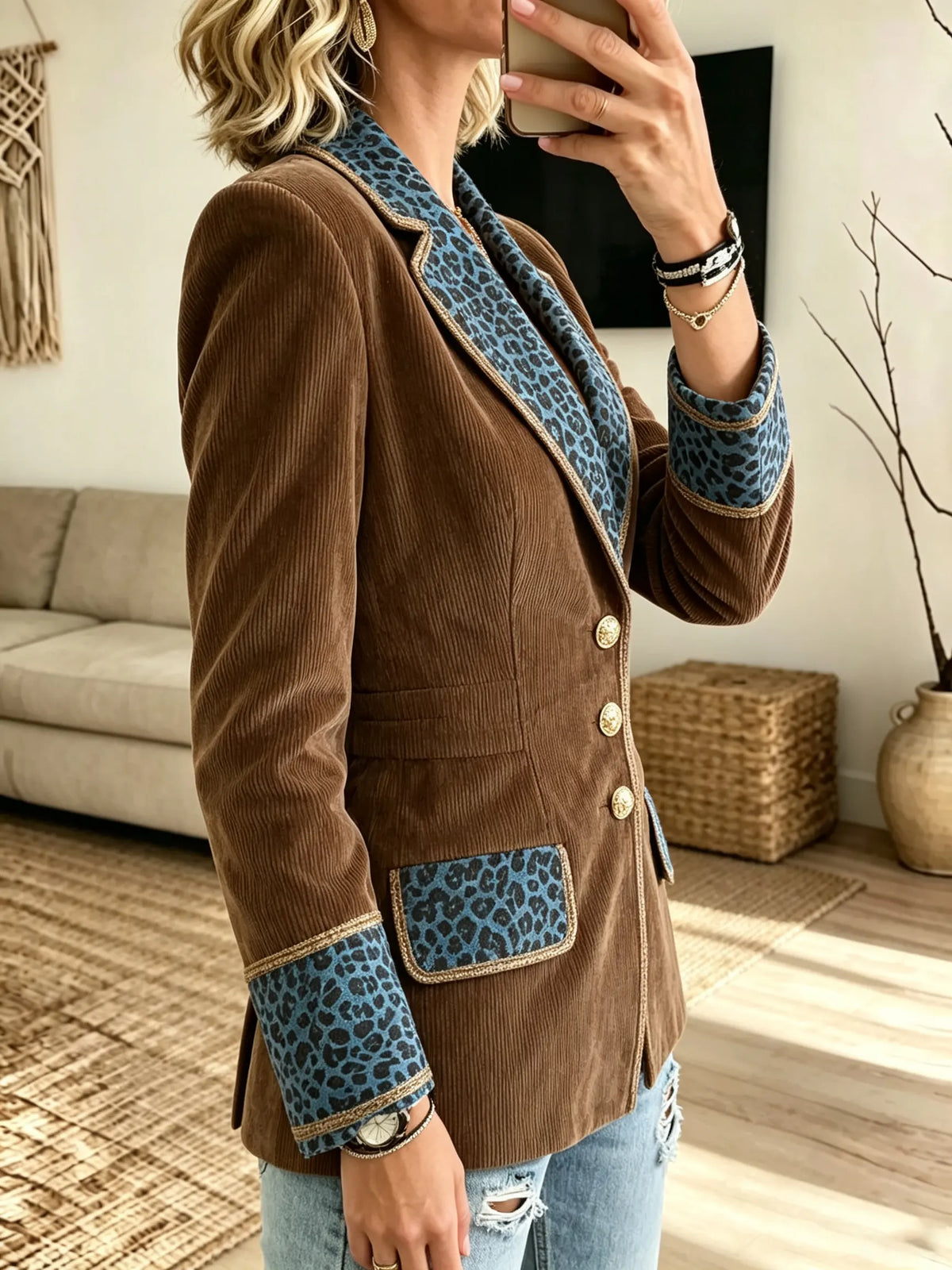 Women's Corduroy Blazer with Leopard Lapel
