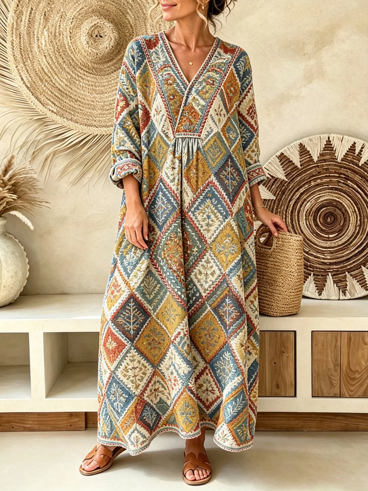 Women's Ethnic Geometric Diamond Print V-Neck Maxi Dress