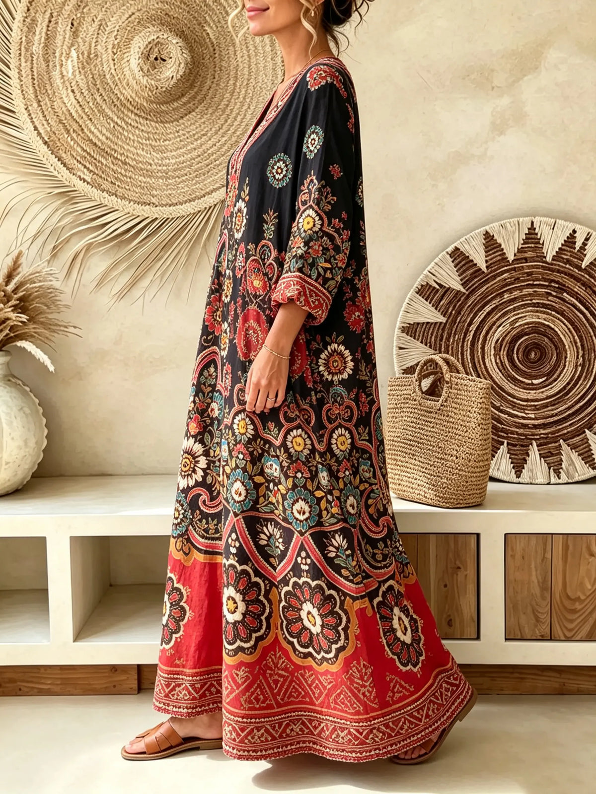 Women's Black Base Large Floral Ethnic V-Neck Loose Three-Quarter Sleeve Maxi Dress