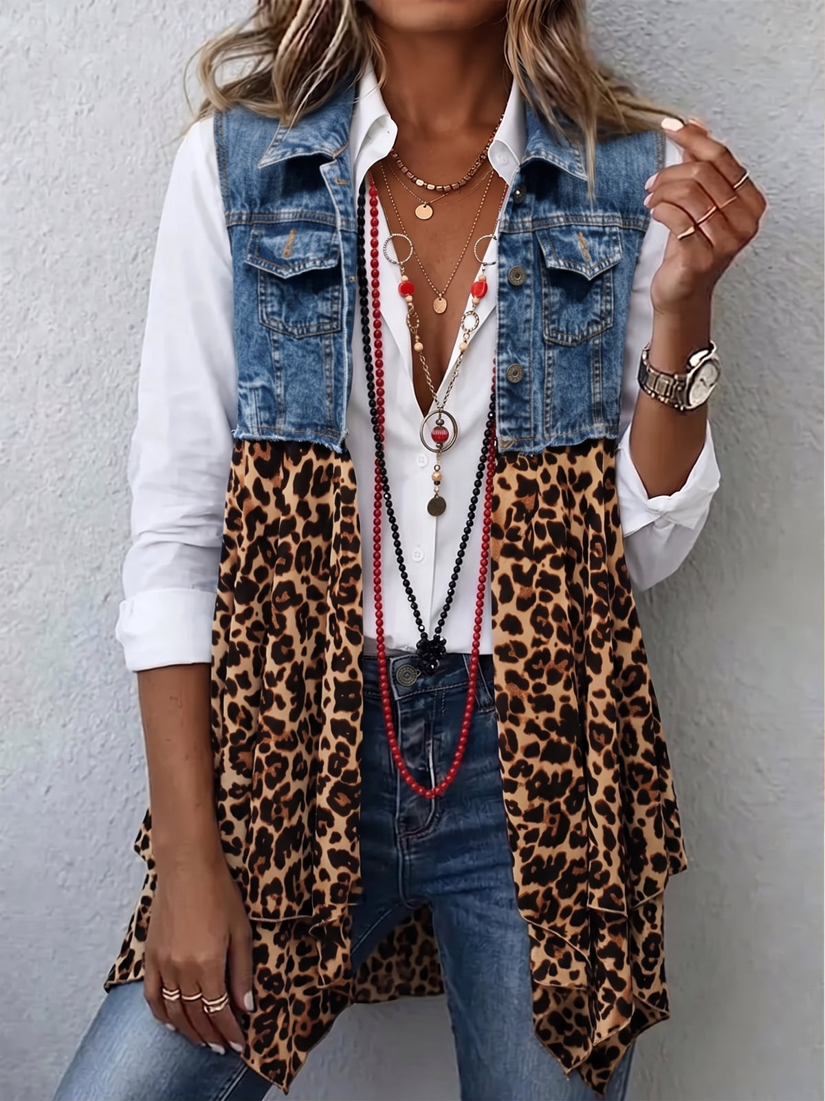 Women Denim Leopard Print Patchwork Vest Lapel Open‑Front Sleeveless Boho Gilet