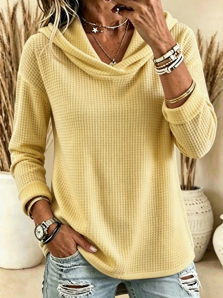 Women's Waffle Knit Cowl Neck Hoodie Top