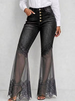 Women High Waist Button Fly Lace Mesh Spliced Flare Jeans