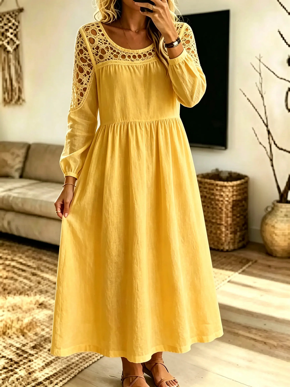 Women Hollow‑Out Spliced Solid Midi Dress