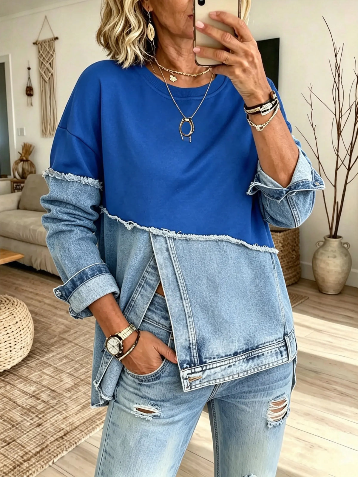 Women's Solid Denim Raw Edge Patchwork Long Sleeve Top