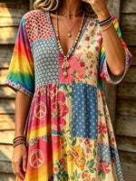 Women's Patchwork Peace Symbol Print V-Neck Flowy Maxi Dress
