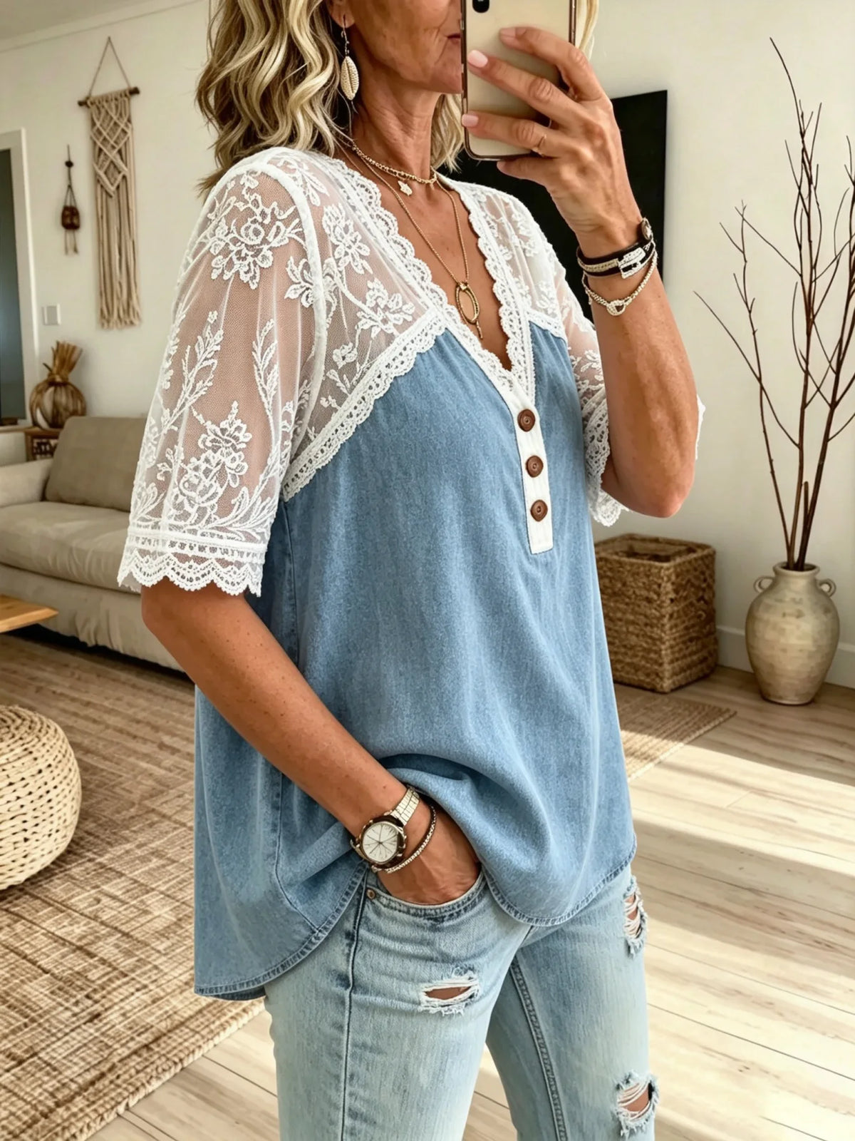 Women's Mesh Floral Lace Panel Henley Short Sleeve Denim Top