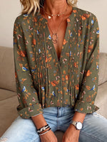 Women’s Pintuck V-Neck Wildlife Print Loose Button Down Blouse