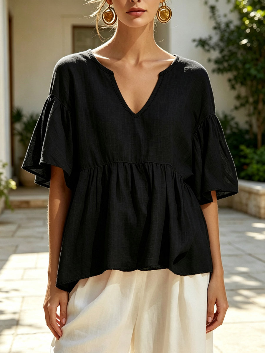 Women's Solid Color Ruffle Art Stylish Short Sleeve Cotton Linen Shirt