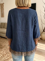 Round Neck Mesh Ruffle Trim Button Down 3/4 Sleeve Linen Blouse