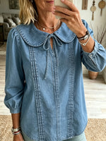 Women's Solid Denim Peter Pan Collar Long Sleeve Blouse