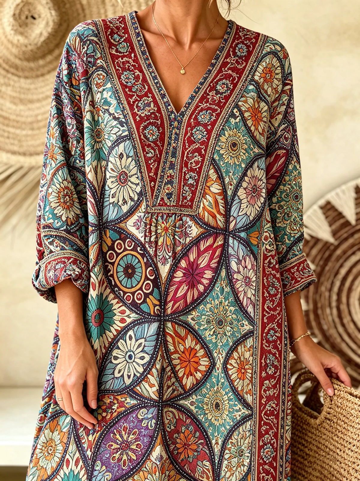 Women Vintage Diamond Floral Patchwork Print V-neck Maxi Dress