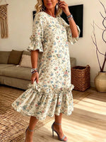 Retro Floral Pattern Art Print Casual Ruffle Stylish Cotton Linen Dress