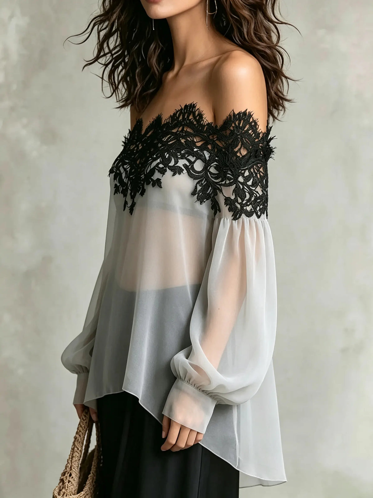 Women Solid Lace Panel Off Shoulder Chiffon Blouse
