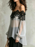 Women Solid Lace Panel Off Shoulder Chiffon Blouse